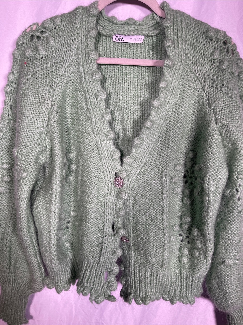 ZARA WOMENS GREEN JEWEL CARDIGAN SWEATER ALPACA WOOL LARGE 5802/100/500/L - Picture 4 of 8